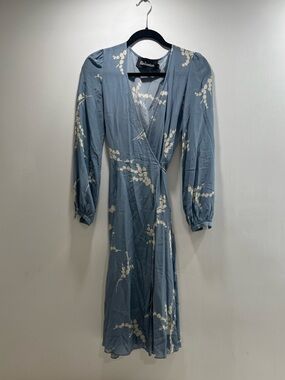 Realisation Par Light Blue Floral Wrap Midi Silk Dress